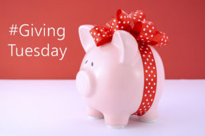 Gift wrapped piggy bank on red white background for Giving Tuesday savings concept.
